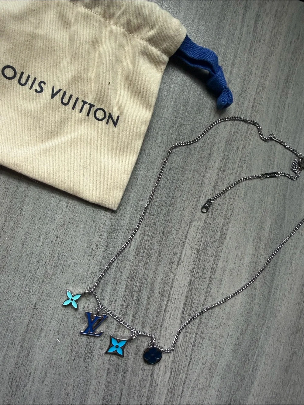 Louis Vuitton Silver Necklace with Blue and Turquoise Charms